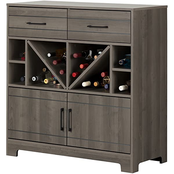 South Shore Vietti Bar Cabinet with Liquor and Wine Bottle Storage with Drawers, Black Oak with Metal Handles