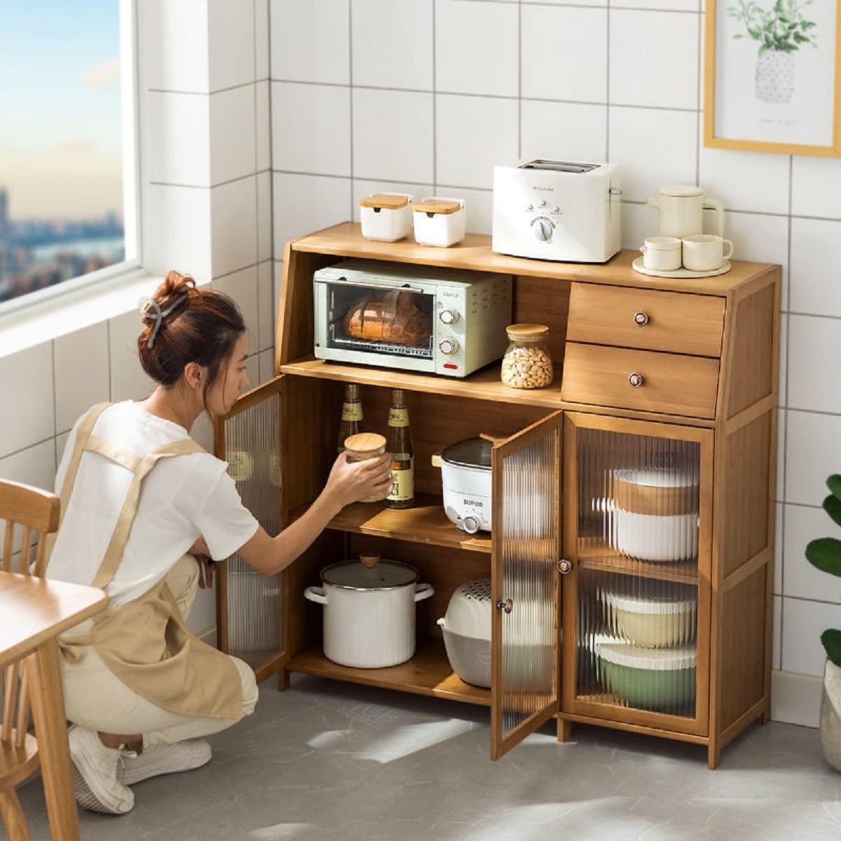 【Furniture】Natural Bamboo Buffet Sideboard Cabinet, 39 Inch Kitchen Sideboard Cabinet with 3 Doors