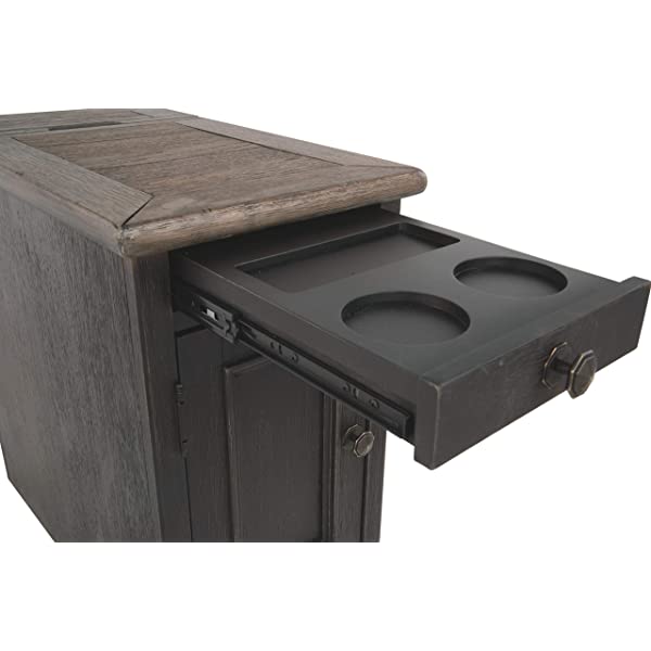 Signature Design by Ashley Tyler Creek Rustic Chair Side End Table with Pull-Out Tray & USB Ports, Brown Blackish Brown Table