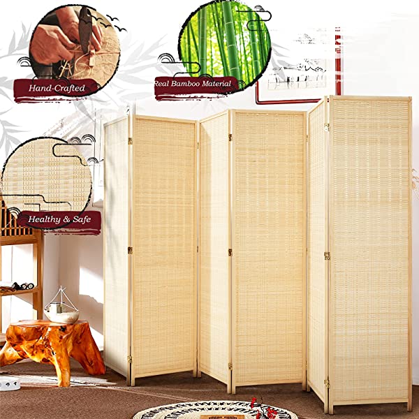 oneinmil Bamboo Room Divider, Semi-Private Folding Portable Partition Screen with Two-Way Hinge, Handmade Bamboo and Wood, 6 Panel