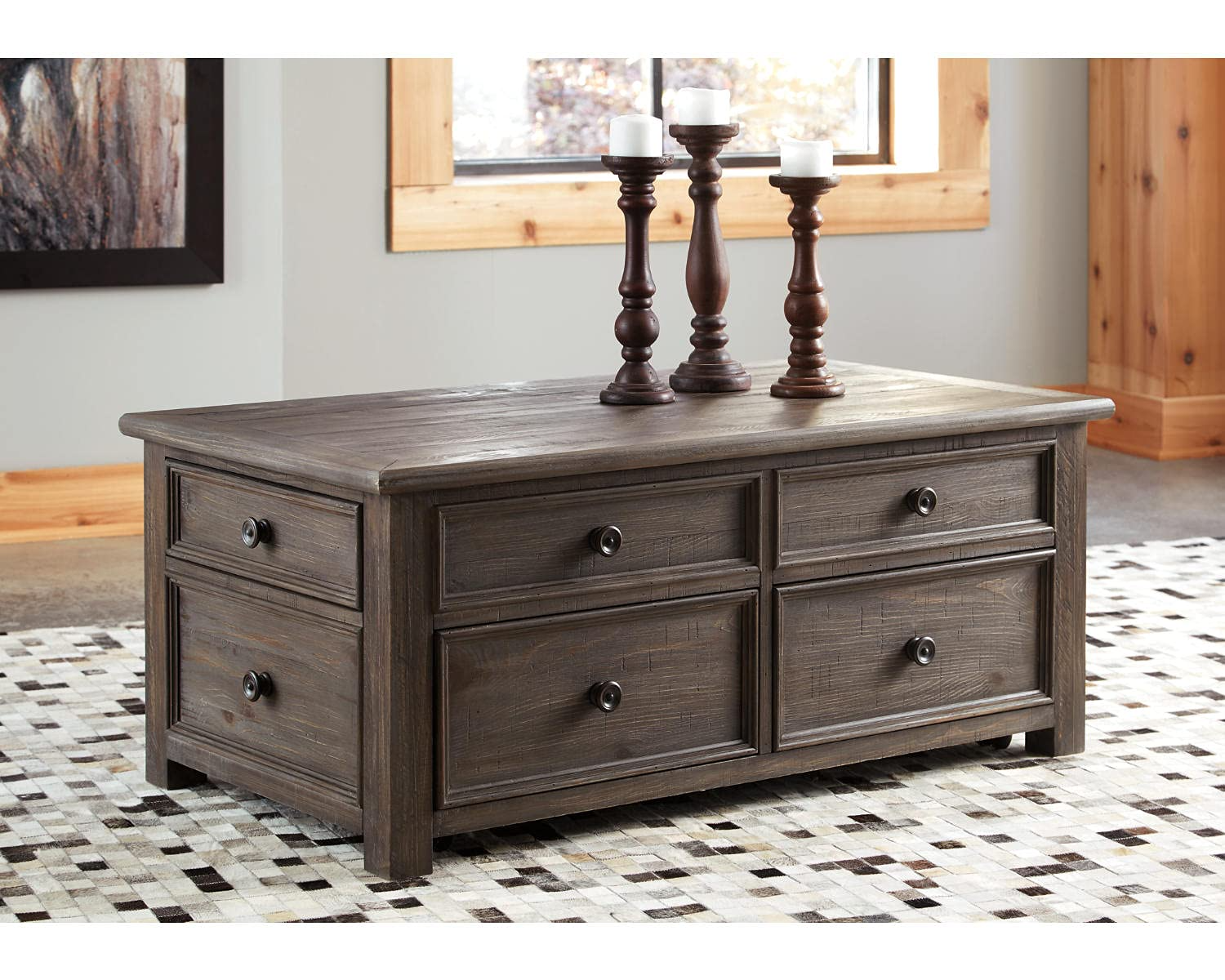 【Furniture】Rustic Rectangular Lift Top Coffee Table with 4 Storage Drawers, Dark Brown with Distressed Finish