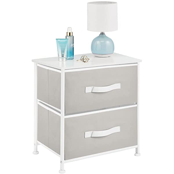 mDesign Storage Dresser End/Side Table Night Stand Furniture Unit - Small Standing Organizer for Bedroom, Office, Living Room, and Closet - 2 Drawer Removable Fabric Bins - Gray/White Grey
