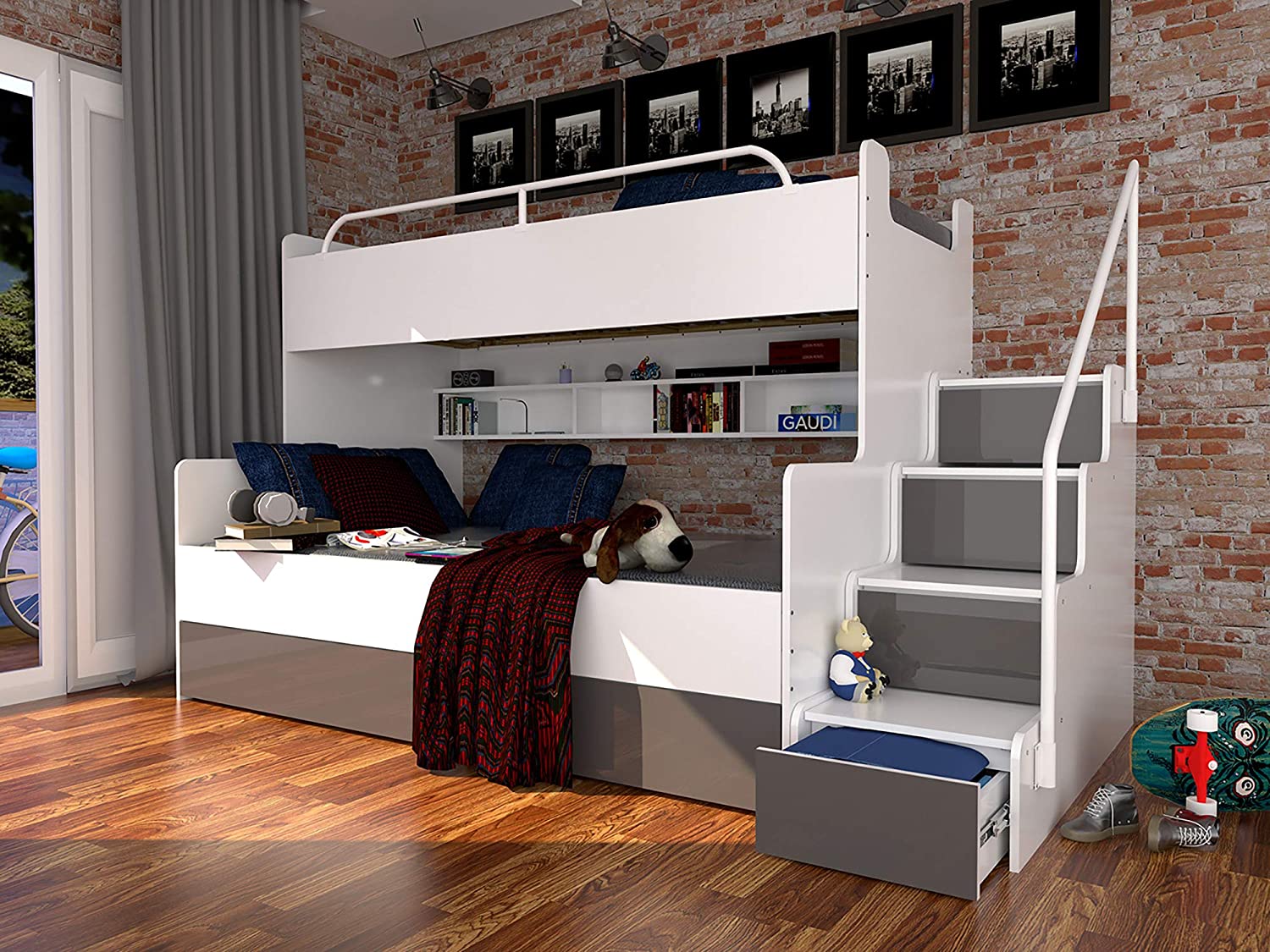 【Furniture】Bunk Bed for 2 Children Stairs Shelves Drawers Rail Modern High Gloss Inserts (White & Purple)