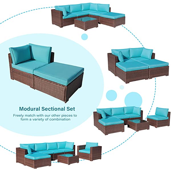 OC Orange-Casual 2 Piece Patio Sectional Furniture Set with Back Seat Cushions, Outdoor Armchair Wicker Sofa, Ottoman Brown Wicker & Turquoise Cushion