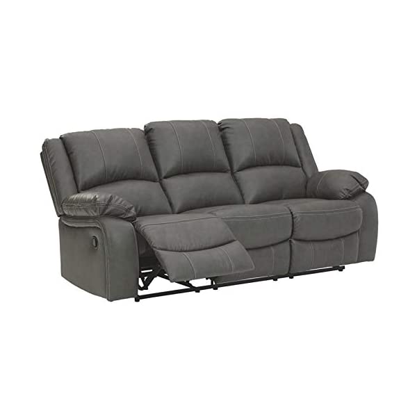 Signature Design by Ashley - Calderwell Contemporary Faux Leather Double Reclining Loveseat w/ Console - Adjustable - Gray Manual Loveseat Grey