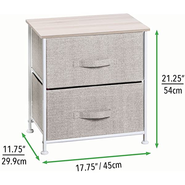 mDesign Storage Dresser End/Side Table Night Stand Furniture Unit - Small Standing Organizer for Bedroom, Office, Living Room, and Closet - 2 Drawer Removable Fabric Bins - Gray/White Grey