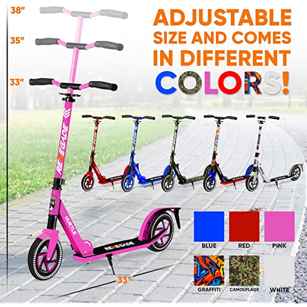 Hurtle Scooter – Scooter for Teenager – Kick Scooter – 2 Wheel Scooter with Adjustable T-Bar Handlebar – Folding Adult Kick Scooter with Alloy Anti-Slip Deck Pink