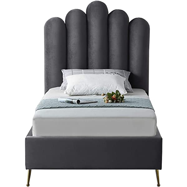 Meridian Furniture Lily Collection Modern | Contemporary Velvet Upholstered Bed with Deep Channel Tufting and Custom Gold Steel Legs, Queen, Cream Cream Queen