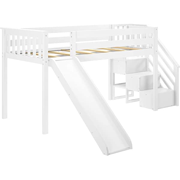 Max & Lily Twin Low Loft Bed with Staircase, White White Low Loft + Staircase Bed