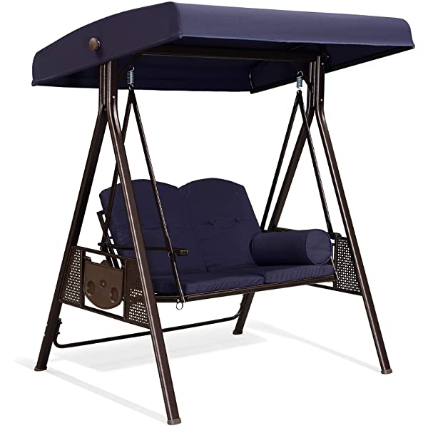 PURPLE LEAF 3-Seat Deluxe Outdoor Patio Porch Swing with Weather Resistant Steel Frame, Adjustable Tilt Canopy, Cushions and Pillow Included, Beige 74.4