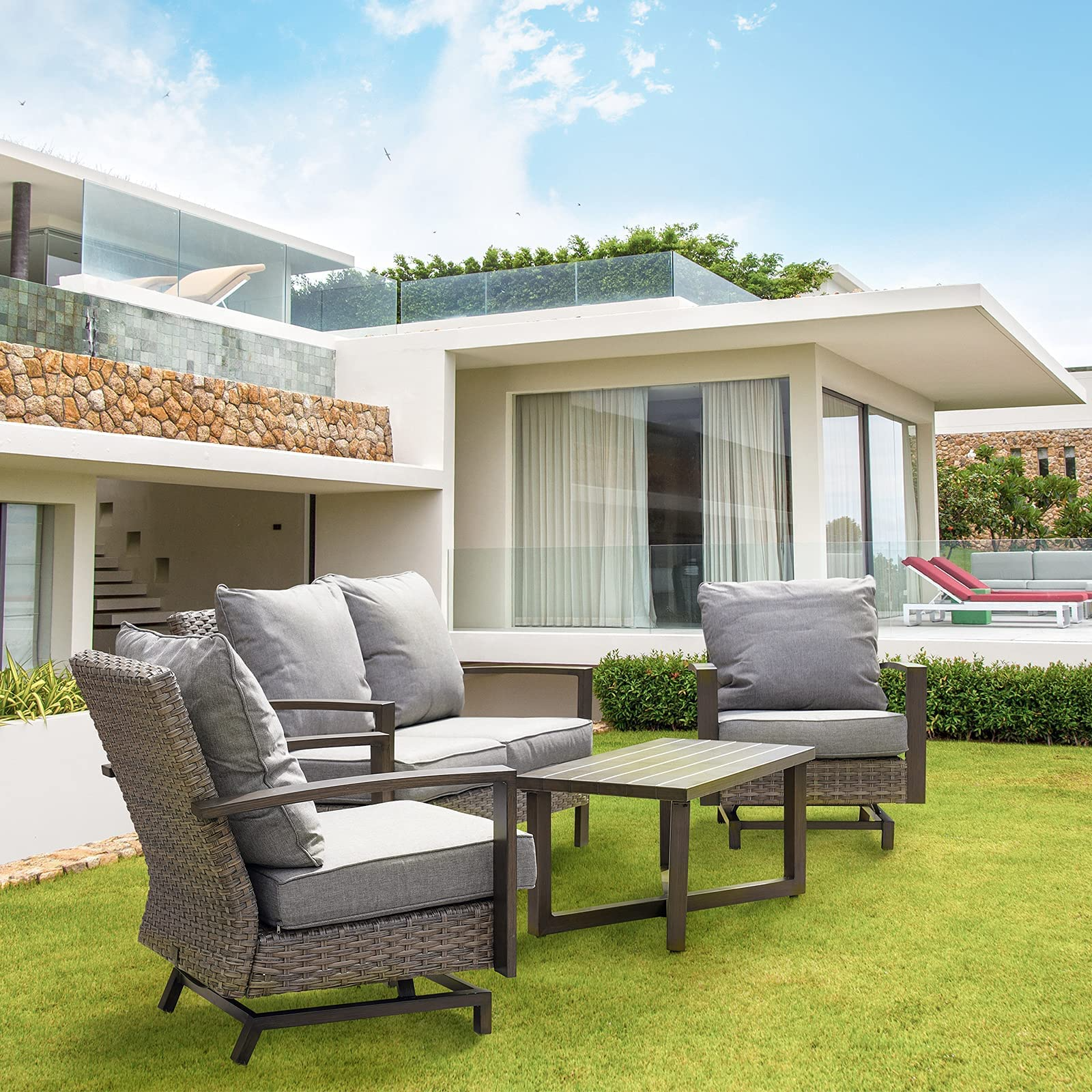 【Home&Garden】Outdoor 4 Pcs Furniture Sofa Sets PE Wicker Furniture Sets Rockers Patio Conversation Sets