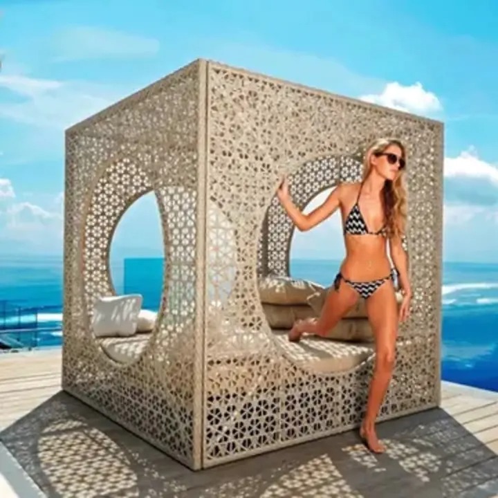 【Home&Garden】Outdoor bed rattan sofa seaside villa club bed bed beach creative handmade bird's nest sofa bed