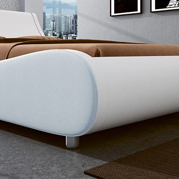 SHA CERLIN King Size Platform Bed, Faux Leather Low Profile Sleigh Bed Frame with Adjustable Headboard, Wood Slat Support, Black & White Black + White King