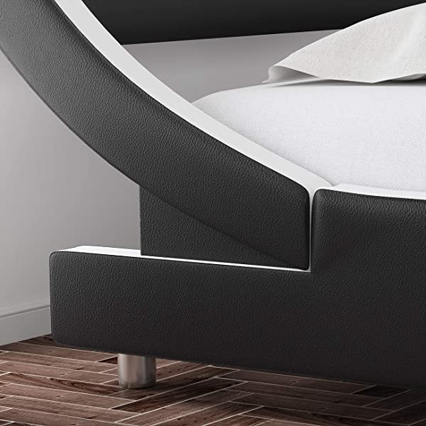 SHA CERLIN King Size Platform Bed, Faux Leather Low Profile Sleigh Bed Frame with Adjustable Headboard, Wood Slat Support, Black & White Black + White King