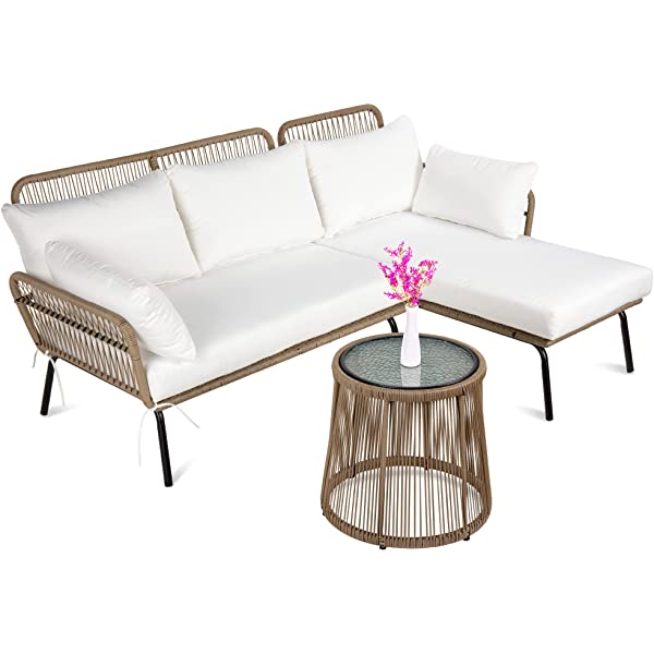 Best Choice Products Outdoor Rope Woven Sectional Patio Furniture L-Shaped Conversation Sofa Set for Backyard, Porch w/Thick Cushions, Detachable Lounger, Side Table - White
