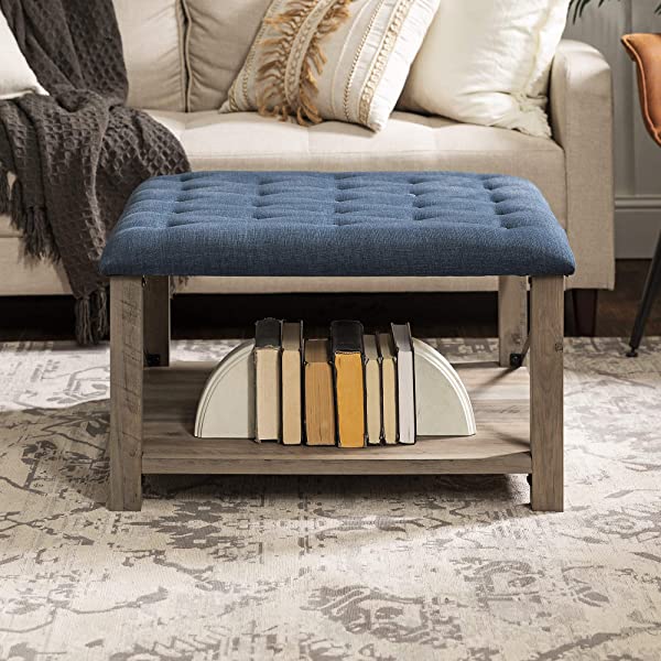 Walker Edison Cambridge Modern Farmhouse Metal X Tufted Ottoman, 30 Inch, Grey Grey Upholstered Ottoman