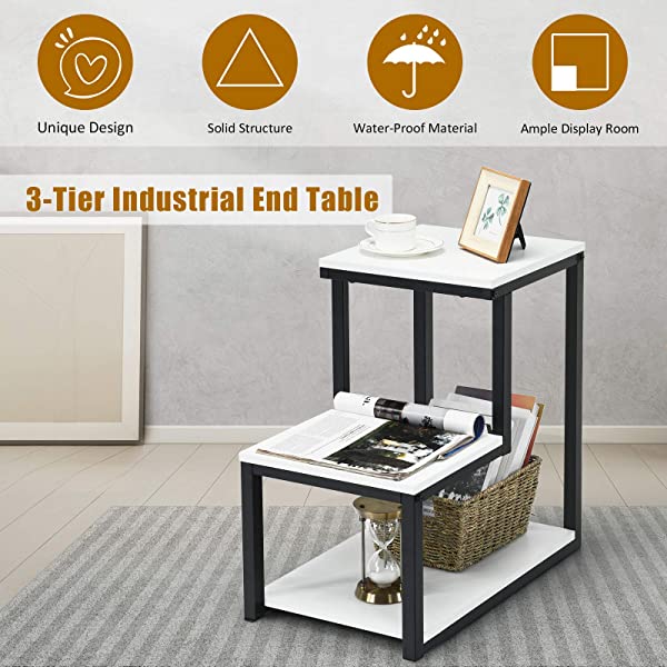 Tangkula 3-Tier Sofa Side Table, Nightstand with Storage Shelf, Sturdy Metal Frame, Ladder-Shaped Chair Side Table, White Tabletop Storage Shelf for Living Room or Bedroom (White)