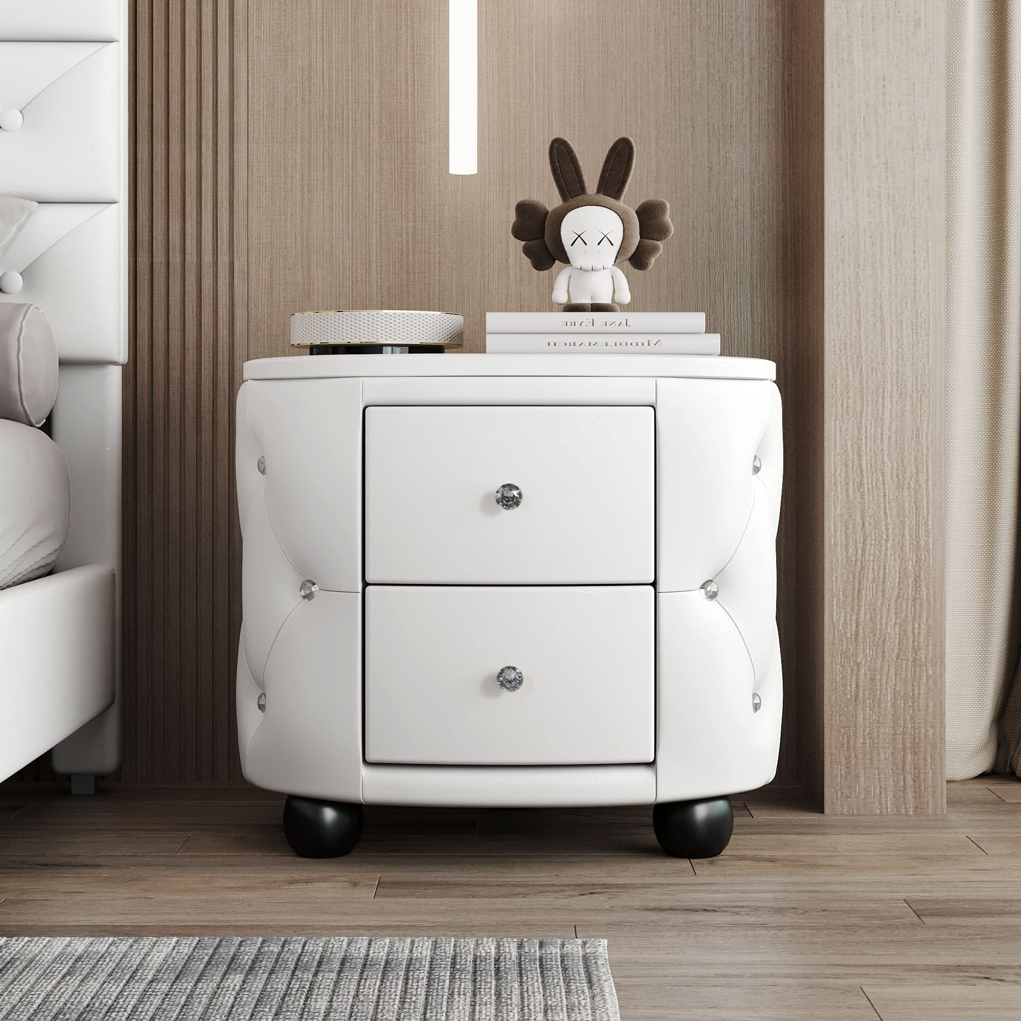 【Furniture】Modern Mid-Century Upholstered Night Stand with 2 Drawers for Bedroom Wood  Bedside End Table