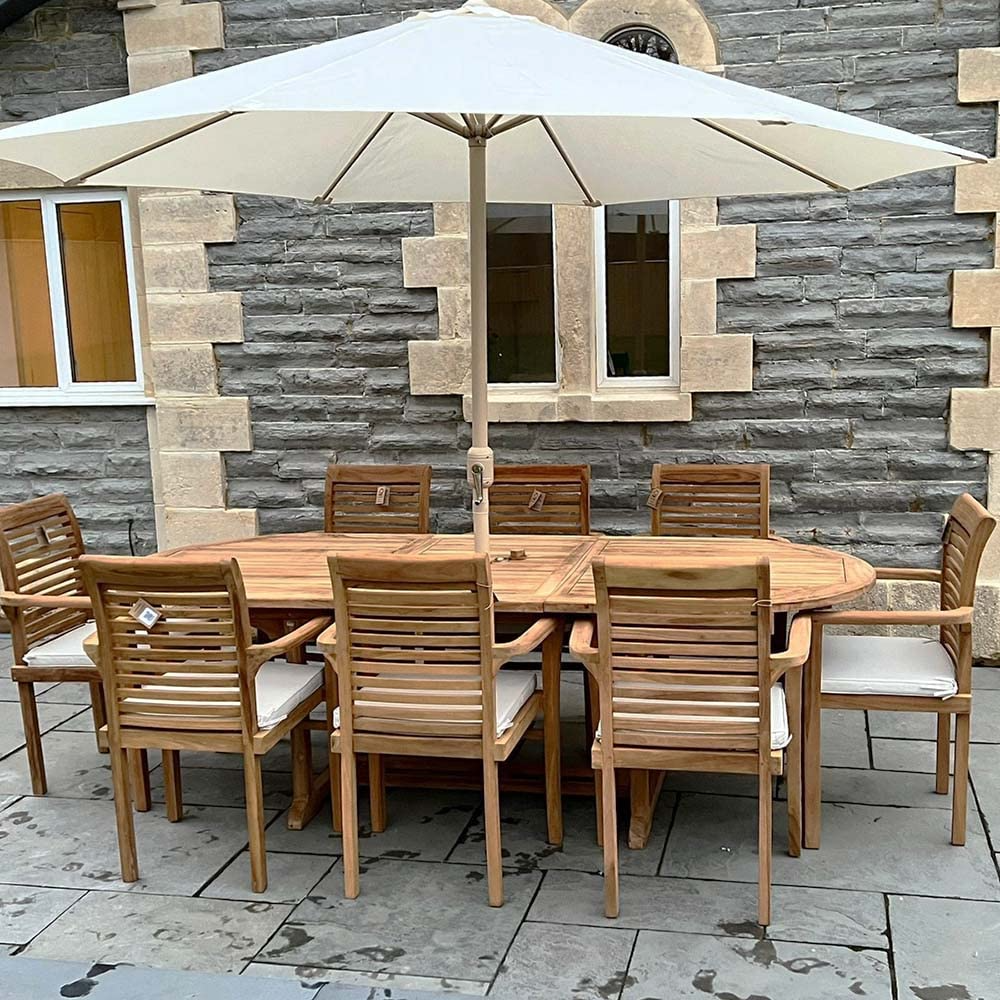 【Home&Garden】【BS】Teak Garden Furniture Set, Garden Table & 8 Chairs, Wooden Garden Furniture Set with Parasol