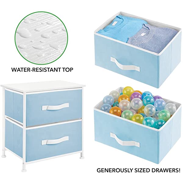 mDesign Storage Dresser End/Side Table Night Stand Furniture Unit - Small Standing Organizer for Bedroom, Office, Living Room, and Closet - 2 Drawer Removable Fabric Bins - Gray/White Grey