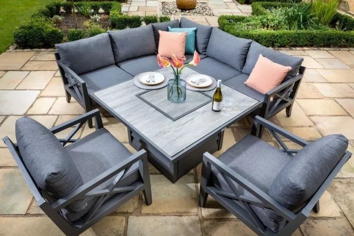 · Hartman Sorrento Square Casual Dining Set With Gas Fire Pit & Lounge Chairs Corner Sofa set