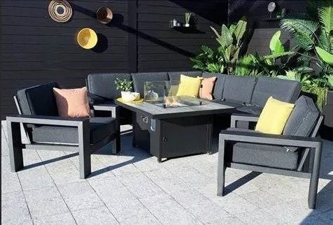 · Hartman Sorrento Square Casual Dining Set With Gas Fire Pit & Lounge Chairs Corner Sofa set
