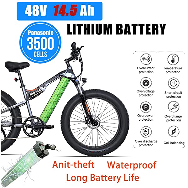 PASELEC Electric Mountain Bike for Adults Electric Bike 4.0 Fat Tire E-Bikes with 48V 14.5ah Hidden Removable Lithium Battery 48V 750W Motor, 9-Speed Gears Full-Suspension E-MTB Gray 14.5ah Battery