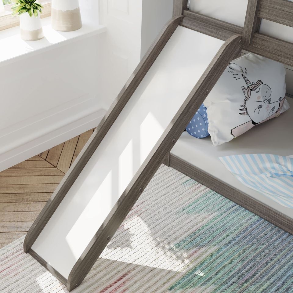 Low Bunk Bed, Twin-Over-Twin Bed Frame for Kids with Stairs & Slide, Clay