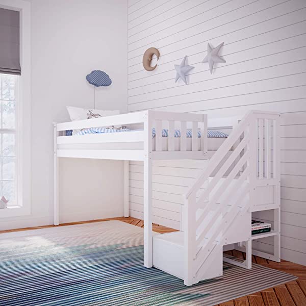 Max & Lily Twin Low Loft Bed with Staircase, White White Low Loft + Staircase Bed