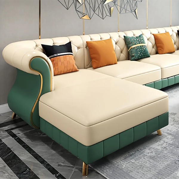 126″ Beige & Green Faux Leather Sectional Sofa with Left Chaise
