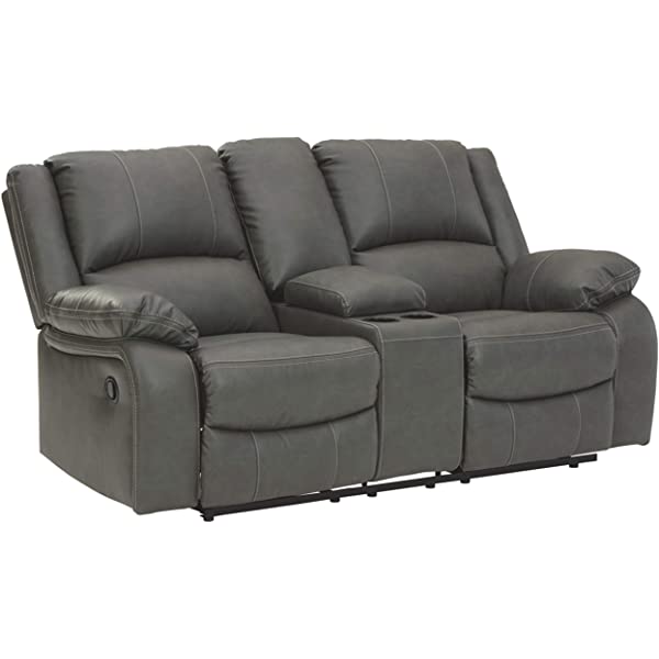 Signature Design by Ashley - Calderwell Contemporary Faux Leather Double Reclining Loveseat w/ Console - Adjustable - Gray Manual Loveseat Grey