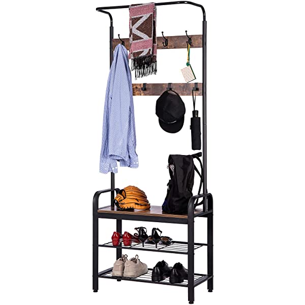 VIVOHOME 3-in-1 Entryway Hall Tree, Heavy Duty MDF Stand Coat Rack with Storage Bench, Industrial Wood Furniture with Stable Metal Frame, 8 Hooks Rustic Brown