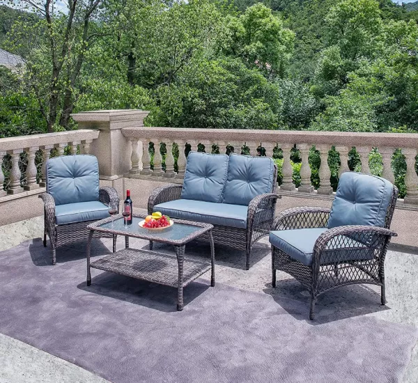 GUNJI 9 PIECE PATIO DINING TABLE SET OUTDOOR TABLE AND CHAIRS PATIO DINING TABLE SET WITH SPACE SAVING CANE CHAIR PATIO FURNITURE SET UPHOLSTERED SEATS AND BACKRESTS (BLUE)