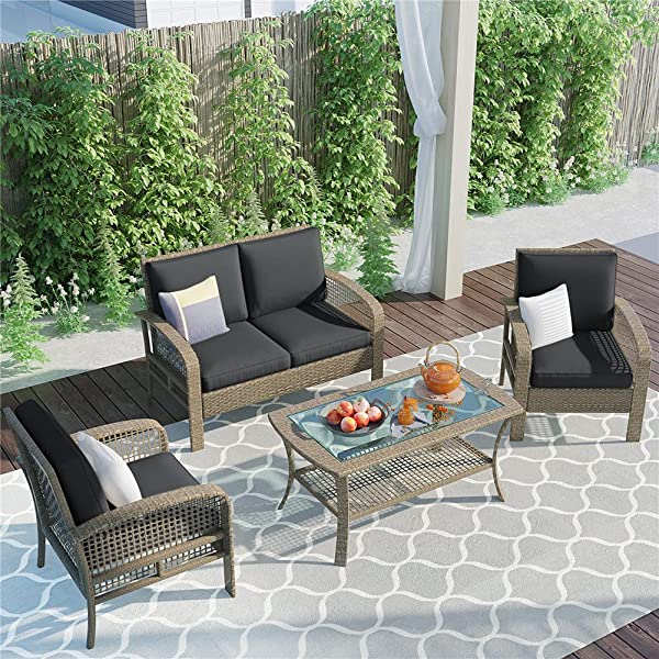 4 Pieces Outdoor Patio Furniture Set Wicker Rattan Cushioned Sectional Sofa Sets with Armchairs and Tempered Glass Table with Storage Shelf (Gray) Grey