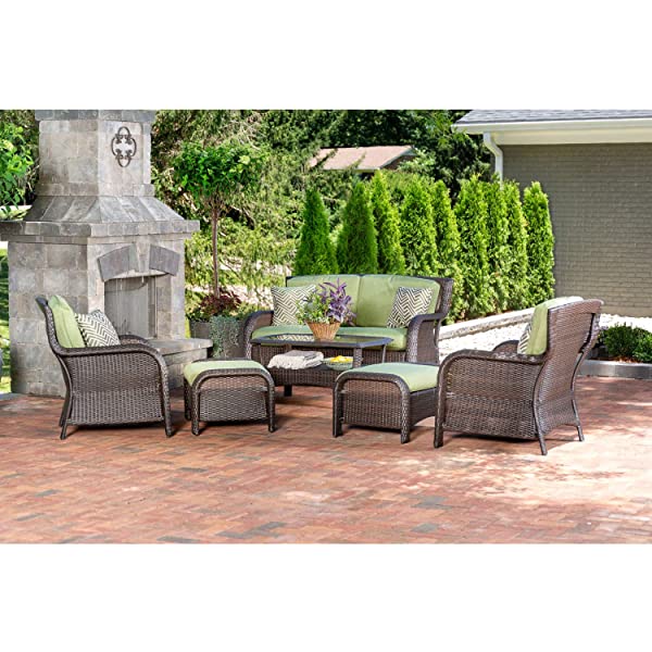 Hanover Strathmere 6-Piece Outdoor Patio Conversation Set, 2 Side Chairs with Ottomans, Loveseat and Tempered Glass Coffee Table, with Hand-Woven Wicker and Thick Cilantro Green Cushions, STRATHMERE6PC