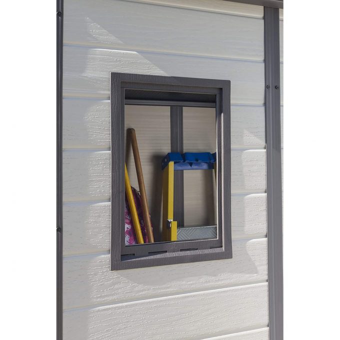 Keter Manor Outdoor Pent Single Door Garden Storage Shed 6 x 4ft Beige Brown Wood Effect Fade Free All Weather Resistant Safe And Secure Zero Maintenance 15 year Warranty