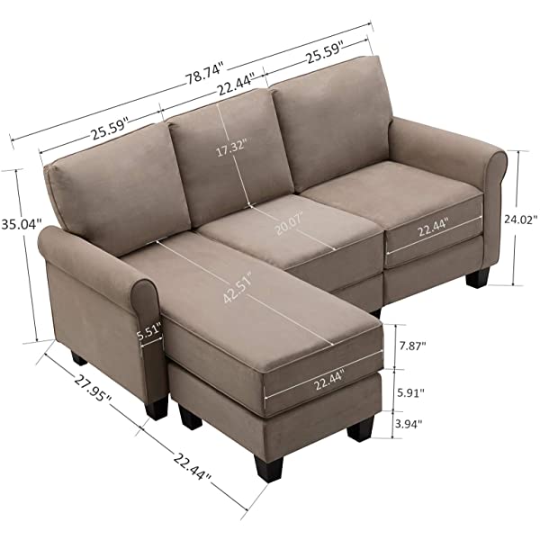 Nolany Reversible Sectional Sofa Couch for Small Apartment L Shape Sofa Couch 3-seat Sectional Couch (Dusty Grey)