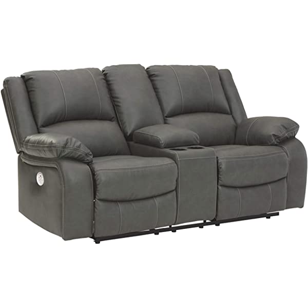 Signature Design by Ashley - Calderwell Contemporary Faux Leather Double Reclining Loveseat w/ Console - Adjustable - Gray Manual Loveseat Grey