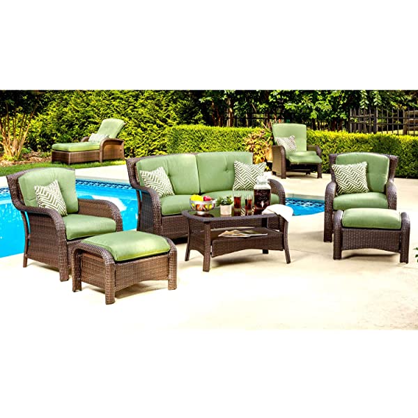 Hanover Strathmere 6-Piece Outdoor Patio Conversation Set, 2 Side Chairs with Ottomans, Loveseat and Tempered Glass Coffee Table, with Hand-Woven Wicker and Thick Cilantro Green Cushions, STRATHMERE6PC