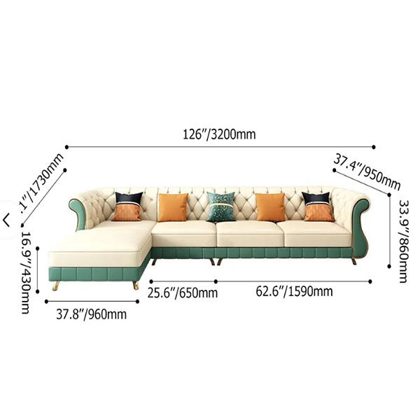 126″ Beige & Green Faux Leather Sectional Sofa with Left Chaise