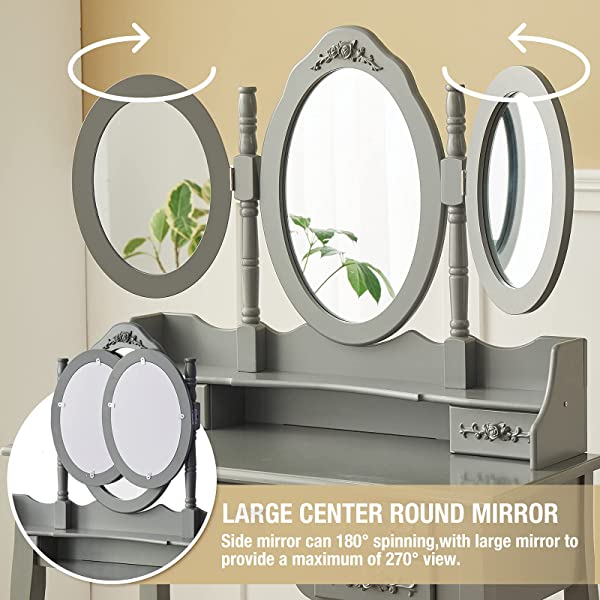 Vanity Table Set with Tri-Folding Mirror Makeup Dressing Table with Cushioned Stool & 7 Drawers and a Shelf, Makeup Dressing for Women, Girls, Bedroom (Grey)