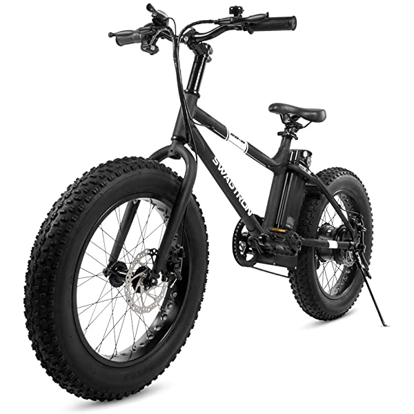 Swagtron EB-6 Bandit E-Bike 350W Motor, Power Assist, 4” Tires, 20” Wheels, Removable 36V Lithium Ion Battery, Dual Disc Brakes– Electric Bike 7-Speed Shimano SIS Shifting Built for Trail Riding White
