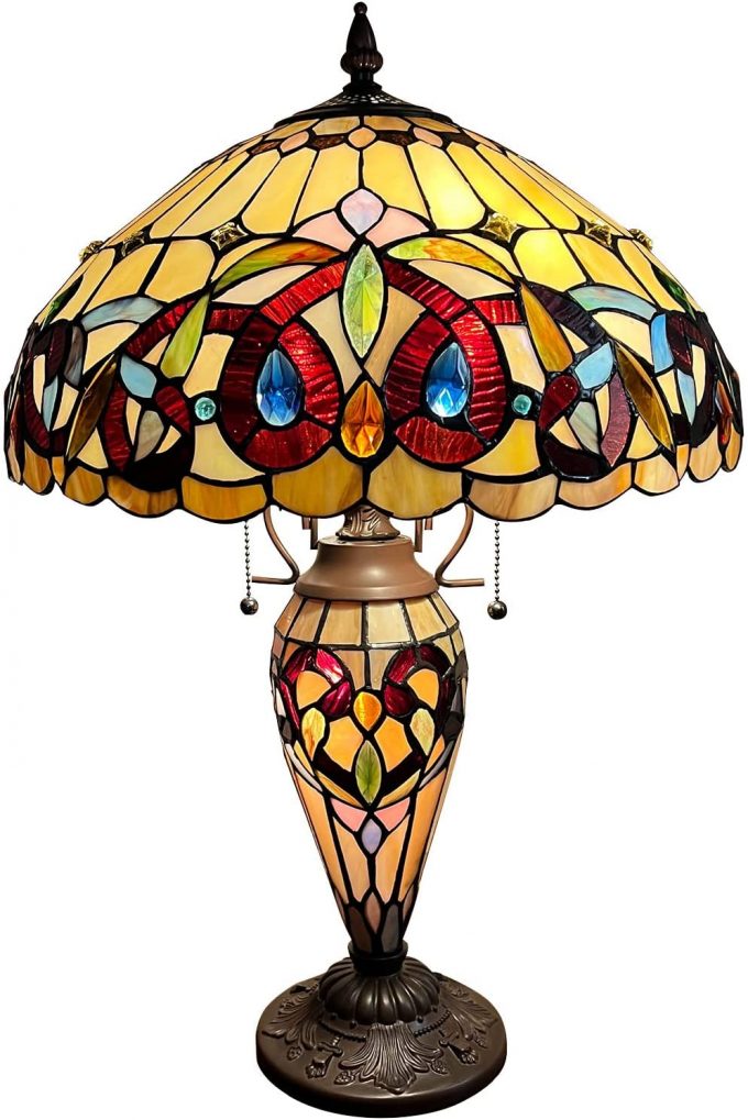 Capulina Tiffany Large Table Lamp 3-Light with Nightlight Rustic Design Vintage Desk Light for Home Living Room Bedr