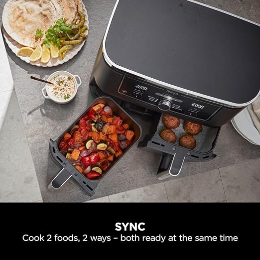 Ninja Foodi MAX Dual Zone Digital Air Fryer, 2 Drawers, 9.5L, 6-in-1, Uses No Oil, Air Fry, Max Crisp, Roast, Bake, Reheat, Dehydrate, Cook 8 Portions, Non-Stick Dishwasher Safe Baskets, Black AF400UK