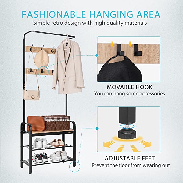 VIVOHOME 3-in-1 Entryway Hall Tree, Heavy Duty MDF Stand Coat Rack with Storage Bench, Industrial Wood Furniture with Stable Metal Frame, 8 Hooks Rustic Brown