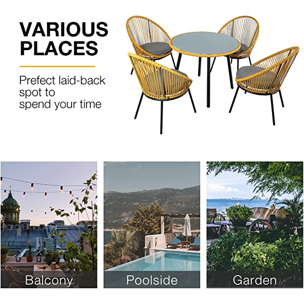 OC Orange-Casual 5 Pieces Patio Conversation Set, Outdoor Furniture Set, All-Weather Wicker Chairs with Round Glass Top Table and 4 Chairs, for Garden,Backyard, Indoor Outdoor Use, Yellow