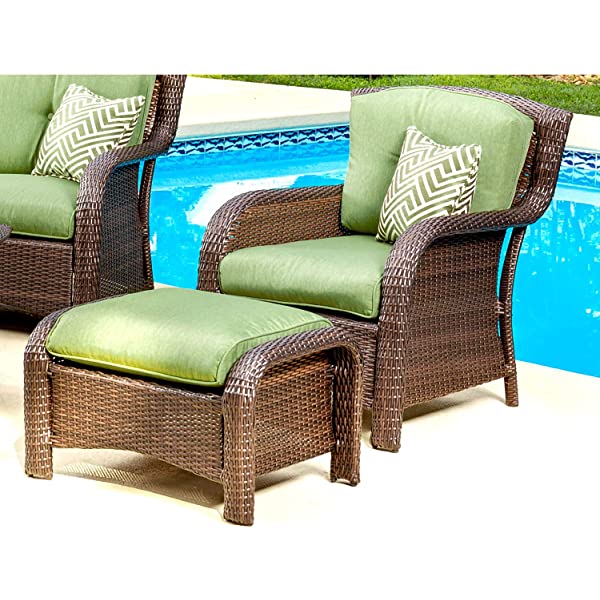 Hanover Strathmere 6-Piece Outdoor Patio Conversation Set, 2 Side Chairs with Ottomans, Loveseat and Tempered Glass Coffee Table, with Hand-Woven Wicker and Thick Cilantro Green Cushions, STRATHMERE6PC
