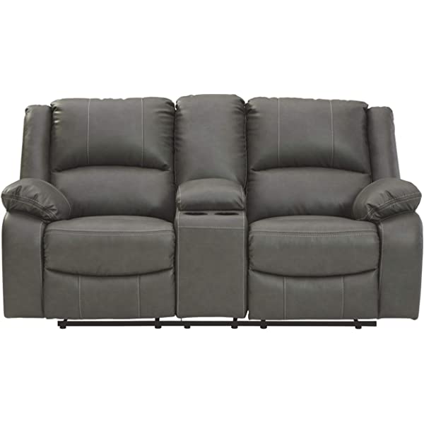 Signature Design by Ashley - Calderwell Contemporary Faux Leather Double Reclining Loveseat w/ Console - Adjustable - Gray Manual Loveseat Grey