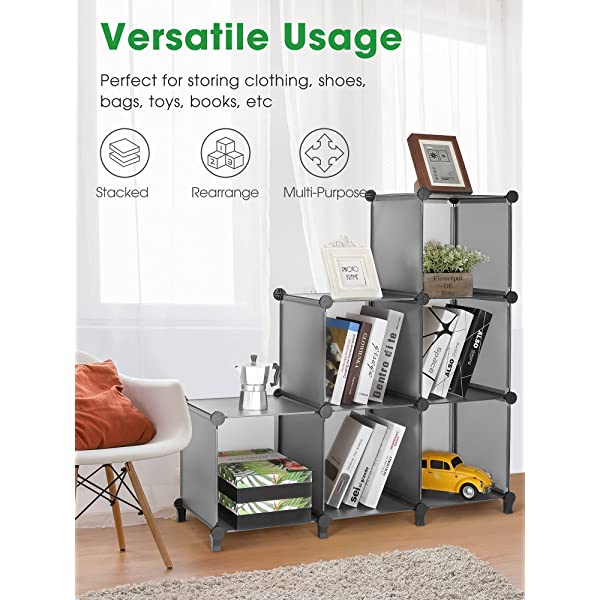 Puroma Cube Storage Organizer 6-Cube Closet Storage Shelves with Wooden Mallet DIY Closet Cabinet Bookshelf Plastic Square Organizer Shelving for Home, Office, Bedroom - Black Black Medium