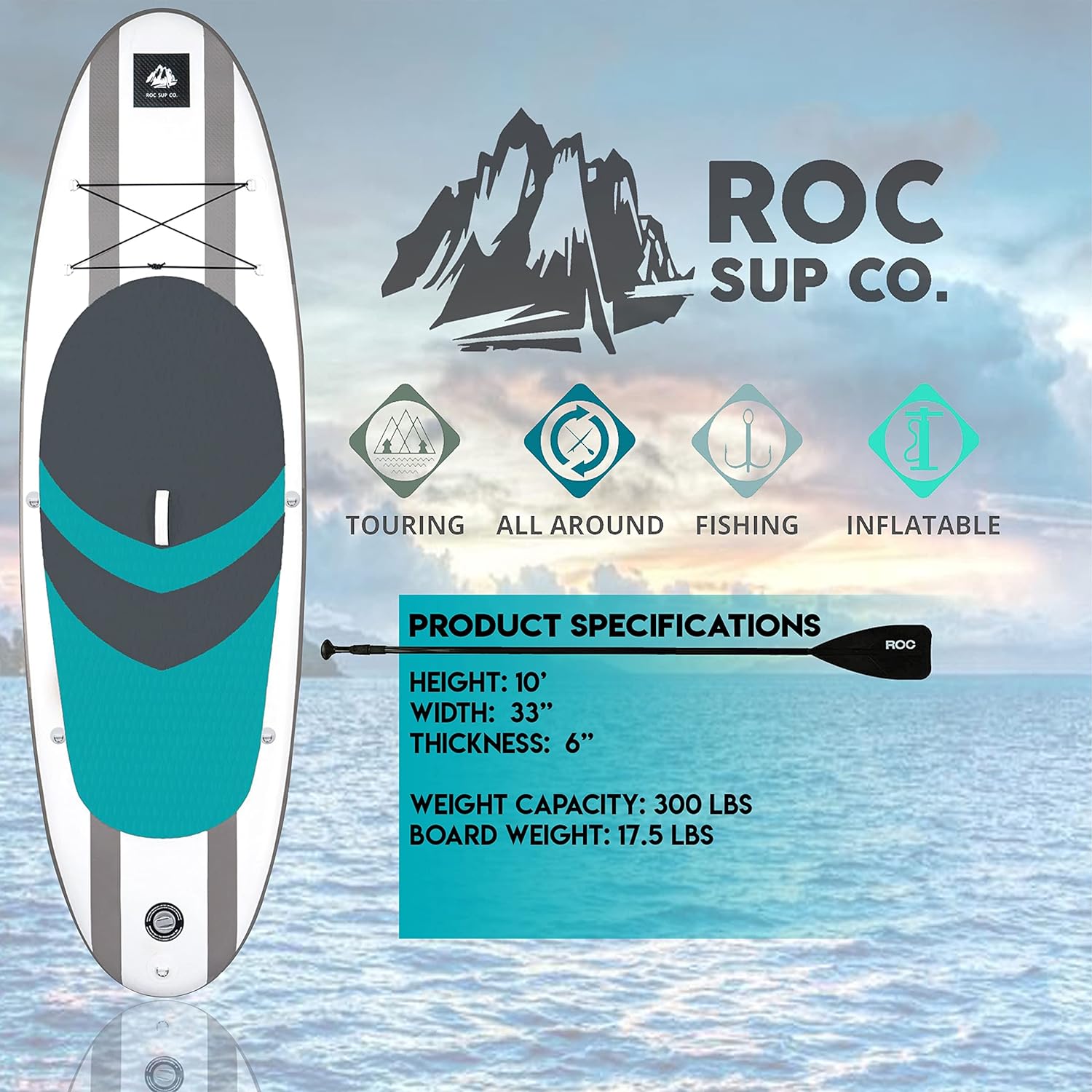Roc Inflatable Stand Up Paddle Boards with Premium SUP Paddle Board Accessories, Wide Stable Design, Non-Slip Comfort Deck for Youth & Adults